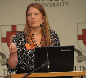 Andrea McDaniel, a 1999 Union graduate, speaks at the recent Union Auxiliary luncheon about her work in Rwanda. (Photo by Morris Abernathy)
