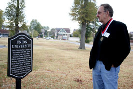Ray Neil Graves, a 1961 Union graduate, looks at the plaque that was put up where the university once was. The class of 1961 came back to Union for their 50th reunion during Homecoming weekend last year. (Photo by Deanna Santangelo)