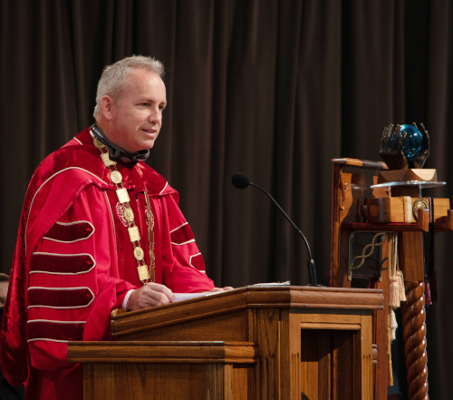 Union President Samuel W. "Dub" Oliver addresses the university community Aug. 21 during fall convocation. (Photo by Joey Echeverria)