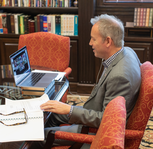 Union President Samuel W. "Dub" Oliver speaks to trustees via Zoom for the April 17 trustee meeting. (Photo by Kristi Woody)