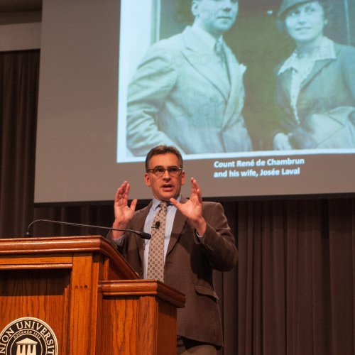 Michael Neiberg speaks at the Carls-Schwerdfeger History Lecture Oct. 24. (Photo by Lauren Steed)