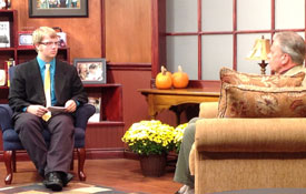 Jacob Melder (left) interviews Union economics professor Walton Padelford on the set of "Jackson 24/7."