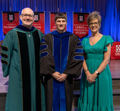 During Union's April 19 Awards Day chapel service, Brad Green (left) received the R. Keith Absher Faculty Researcher of the Year Award. Georg Pingen (center) received the Carla D. Sanderson Faculty of the Year Award. Marcia Joyner (right) received the Gary L. Carter Staff of the Year Award. (Photo by Karley Hathcock)