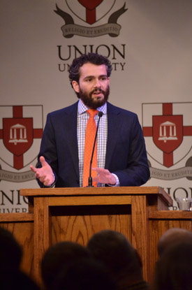 Ryan T. Anderson discusses the definition of marriage at the “True Marriage Equality: Man and Woman” lecture Feb. 13.