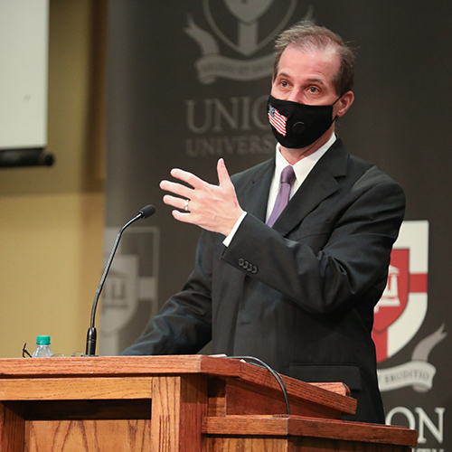 Sean Evans, professor of political science and department chair, delivers a Constitution Day lecture Sept. 17. (Photo by Sarah Goff)