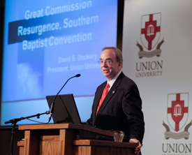 President Dockery discusses the final report of the Great Commission Resurgence Task Force on the Union University campus on May 12.