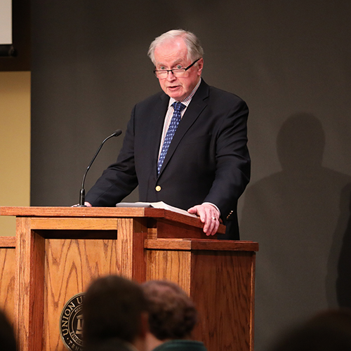 Don Carson, emeritus professor at Trinity Evangelical Divinity School, speaks on Revelation 12 during the March 6 plenary session of the Spring Bible Conference. (Photo by Sarah Goff)