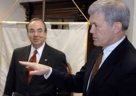 Former U.S. Congressman Ed Bryant (right) fields questions at a press conference announcing his appointment to the Union faculty.