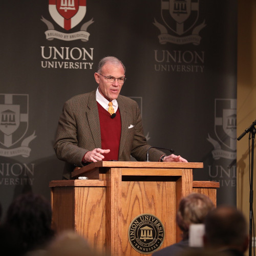 Cary Summers, president of the Museum of the Bible, speaks at the Faith in the Marketplace Luncheon at Union University April 12. (Photo by Kristi Woody)