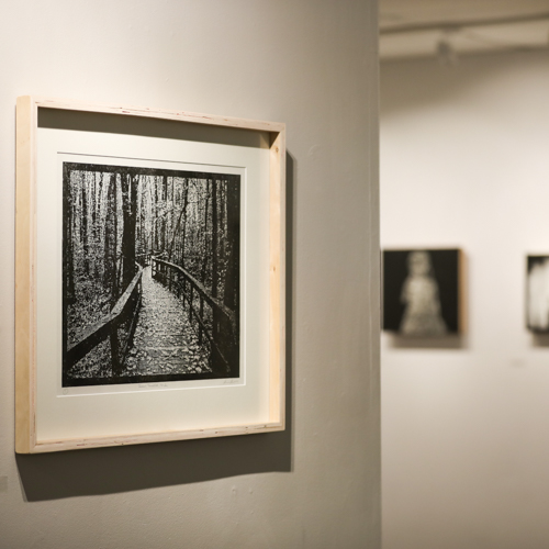 A woodblock print by Steve Halla, associate professor of art, hangs in the Union University art gallery. (Photo by Kristi Woody)