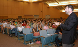 White takes questions from the audience of Union University freshmen.