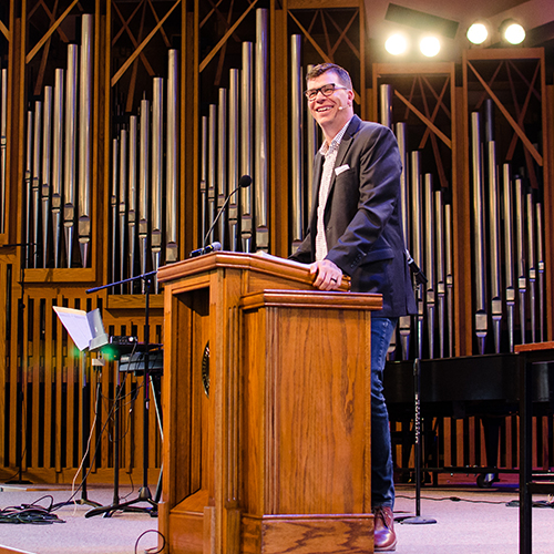 Micah Fries, senior pastor of Brainerd Baptist Church of Chattanooga, Tennessee, spoke in chapel Sept. 18 as part of the “Faith in Practice” series. (Photo by Jess Newendyke)