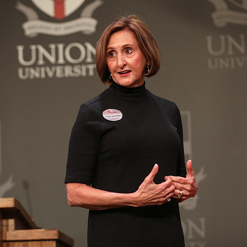 Trudy Cathy White, international business leader, spoke on her mother’s legacy during the Faith in the Marketplace lecture March 18. (Photo by Kristi Woody)