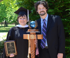 Ashley Blair (left) won the Carla D. Sanderson Faculty of the Year Award at Union University's Awards Day service May 1. Scott Heit (right) won the Gary L. Carter Staff of the Year Award. (Photo by MiKalla Cotton)