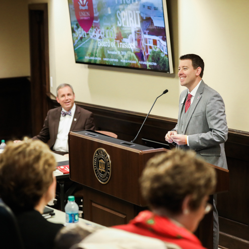 Chad Wilson, chairman of the Union University Board of Trustees, speaks at the Nov. 30 meeting. (Photo by Kristi Woody)