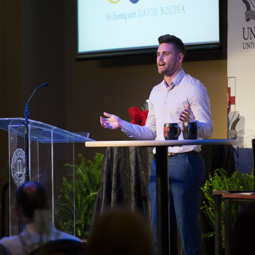 Olympic gold medalist David Boudia speaks at “Greater than Gold: An Evening with David Boudia,” a dinner hosted by the Union University Auxiliary. (Photo by Kristi Woody)