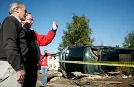 Union President David S. Dockery surveys the damage to campus with Sen. Bob Corker. (Photo by Kyle Kurlick)