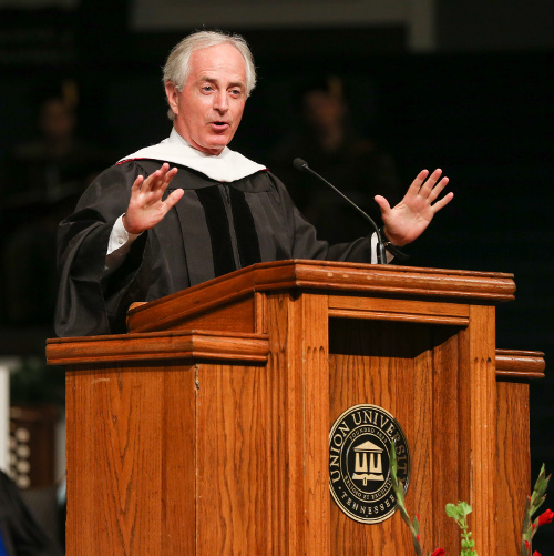 Sen. Bob Corker delivers the commencement address Dec. 17 at West Jackson Baptist Church. (Photo by Kristi Woody)