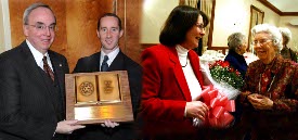 Left photo: Union President David S. Dockery (left) receives the Jackson Exchange Club's Man of the Year award from Chris Ramey. (Photo by Jim Veneman) Right photo: Mary Anne Poe (left) talks to Jean Frazier after receiving the Altrusa International club's Woman of the Year award. (Photo by Kristi McMurry)