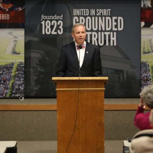 Union President Samuel W. "Dub" Oliver speaks to trustees during their April 26 meeting. (Photo by Kristi Woody)