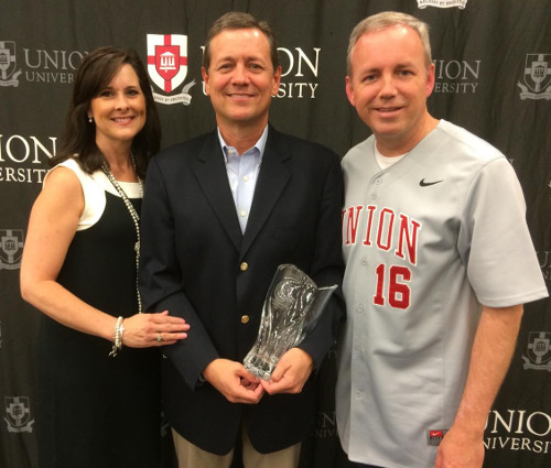 Kevin Ezell (center) with his wife Lynette and Union University President Samuel W. "Dub" Oliver at Union's baseball-themed alumni and friends reception in St. Louis.