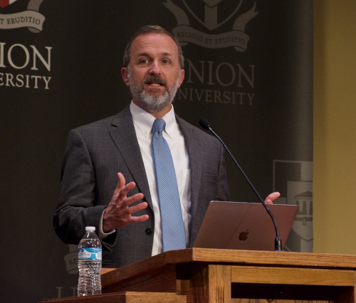 Farr Curlin of the Duke University School of Medicine speaks March 8 in the first of four Scholar-in-Residence lectures. (Photo by Naomi Mengel)
