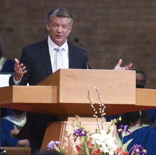 Frank Lewis, pastor of First Baptist Church in Nashville, Tennessee, preaches during a recent service. 