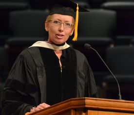 Barbara McMillin addresses the summer graduates. (Photo by Morris Abernathy)
