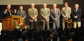 Union President David S. Dockery recognizes as honorary alumni the contractors who helped to rebuild the Union campus. (Photo by Morris Abernathy)