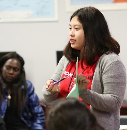Ashley Moon, a student at Union from South Korea, speaks at an international student orientation at the beginning of last semester. (Photo by Kristi Woody)
