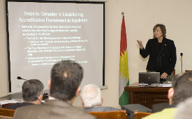 Union Provost Carla Sanders gives a presentation during a four-day workshop in Erbil, Iraq. (Photo by Katherine Bomboy)