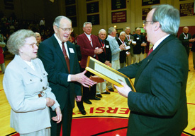 Coach Robert Jelks, Union’s final football coach, was honored by President David S. Dockery during Homcecoming 2003. (Photo by Jim Veneman)