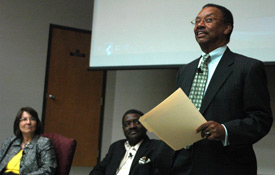 Union University business professor Roland Porter (right) leads a discussion about the Jena Six during an Oct. 4 forum. Also pictured are Mary Anne Poe and Larry Mercer. (Photo by Matthew Diggs)