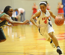 Jessica Graves drives to the basket during Union's 95-66 win over the University of Sciences and Arts Wednesday. (Photo by Morris Abernathy)