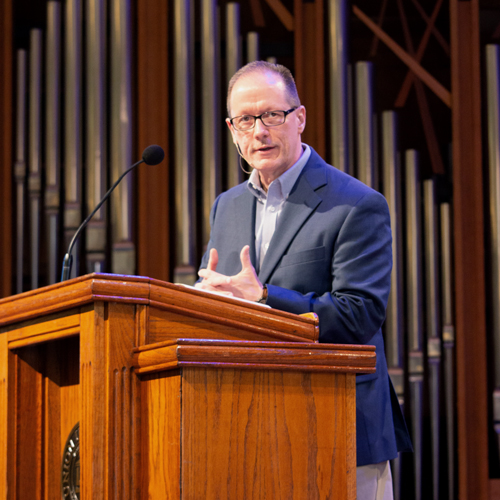 Chuck Lawless, vice president of spiritual formation and ministry centers at Southeastern Baptist Theological Seminary, speaks in Union University chapel Oct. 17. (Photo by Hannah Kate Heckart)
