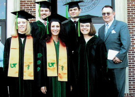 Union University chemistry professor Charles Baldwin (back right) poses with some of his former students and Union University alumni who graduated from the University of Tennessee Health Science Center recently. Front row, from left, are Stephanie Mabry Perkins, Misty Yow Allen and Catherine Patricia Scarbrough. Back row, from left, are Brent Morris, Jeff Jones and Baldwin.