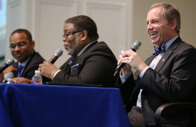 Union President Samuel W. "Dub" Oliver shares a lighthearted moment at Monday's discussion on racial reconciliation. Oliver participated in the event with Logan Hampton (left), president of Lane College. Daryll Coleman (center), pastor of Mother Liberty CME Church in Jackson, moderated the event. (Photo by Kristi Woody)