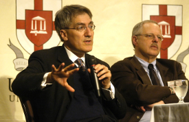 Robert P. George (left) of Princeton University speaks during one of the sessions of the Making Men Moral conference. Also pictured is David Novak of the University of Toronto. (Photo by Sarah Palmer)