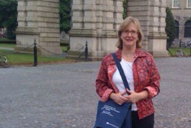 Union pharmacy professor Angela Monahan on the campus of Trinity College in Dublin, Ireland, where she presented her research on Parkinson's disease.
