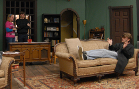 Union students (from left) Jillian Barron, David Conway and Ben Haws rehearse a scene from "The Mousetrap," which opens March 11. (Photo by Kristi McMurry)