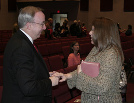 Mendy Fowler, right, visits with Union University President David S. Dockery following his sermon April 13 at Northside Baptist Church in Murfreesboro, Tenn. It was Dockery’s first public speaking engagement outside Jackson since a tornado struck the campus on Feb. 5. (Photo by Lonnie Wilkey)