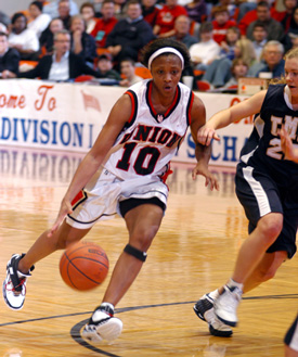 Ena Daniels (10) provided leadership late in the game to preserve the Union victory over The Master's College. Photo by Brad Moore