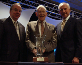 Union President David S. Dockery, left, presented a tribute to theologian J.I. Packer, center, in Washington, D.C. Jan. 31. Also pictured is Paul Corts, president of the Council for Christian Colleges and Universities. (CCCU photo by Brandon Rush) 