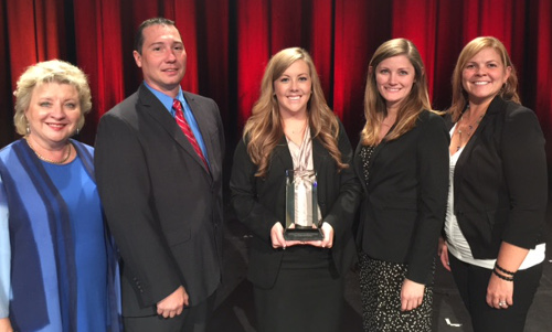 Members of the Union University School of Pharmacy who were on hand to receive the 2015 Student Community Engaged Service Award were (from left): Sheila Mitchell, dean; Sean King, associate professor of pharmaceutical sciences; student team members Allison Todd and Kelsey Turcotte; and Erica Rogers, a research associate.