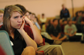 Union students and prospective students packed the G.M. Savage Memorial Chapel to hear David Platt, pastor of The Church at Brook Hills in Birmingham, Ala., during Faith in Practice week at Union University Oct. 8-10. (Photo by Beth Spain)
