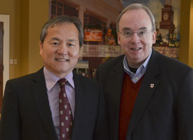 Poling Sun (left), president of the Baptist Theological Seminary in Singapore, with Union President David S. Dockery. (Photo by Morris Abernathy)