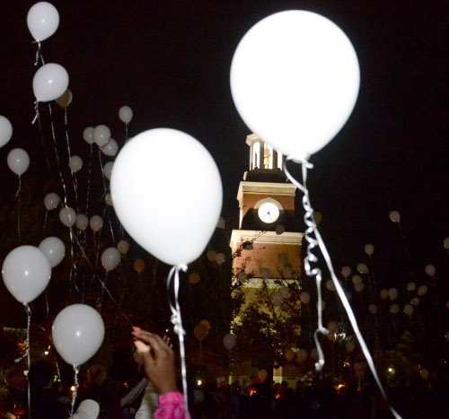 Homicide-loss survivors release white balloons at the end of a previous Remember Me Commemorative Walk. (Photo by Jacob Moore)