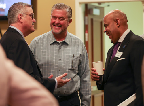 Union trustees (from left) Trent Bullock, Steve Gaines and Willie McLaurin visit prior to their April 22 meeting. (Photo by Suzanne Rhodes)