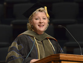 Sheila Mitchell, the founding dean of Union's School of Pharmacy, delivers the commencement address July 30. (Photo by Morris Abernathy)