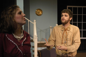 Aaron Shepherd (right) plays the role of Tartuffe and Melissa Miller plays Elmire in the Union University Players' production of "Tartuffe," which opens tonight. (Photo by Kathleen Murray)